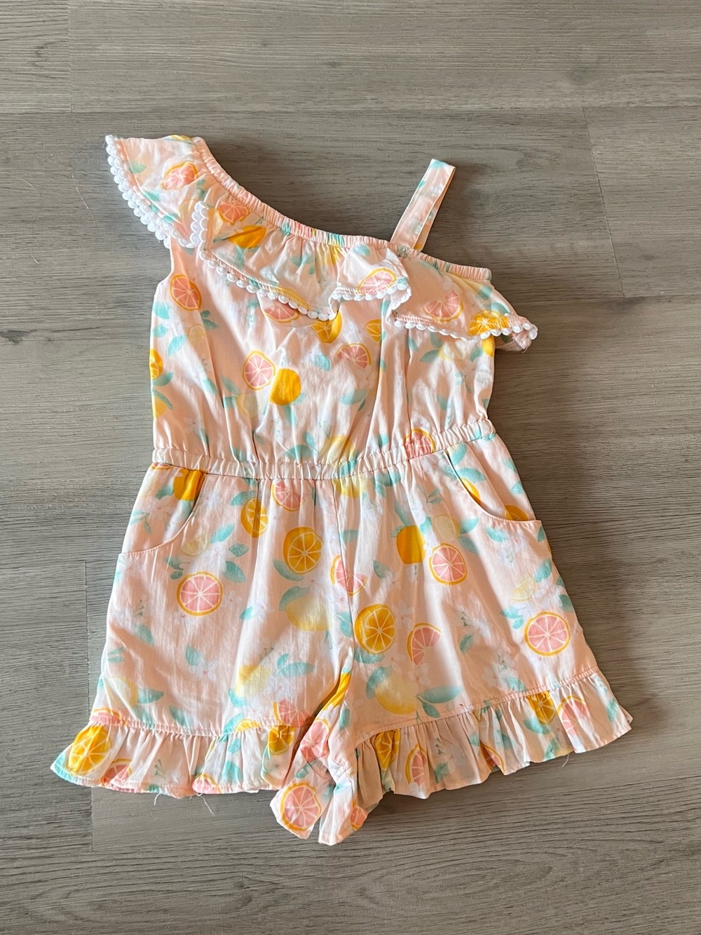 Janie and Jack Peach Citrus One-Shoulder Romper with Ruffle